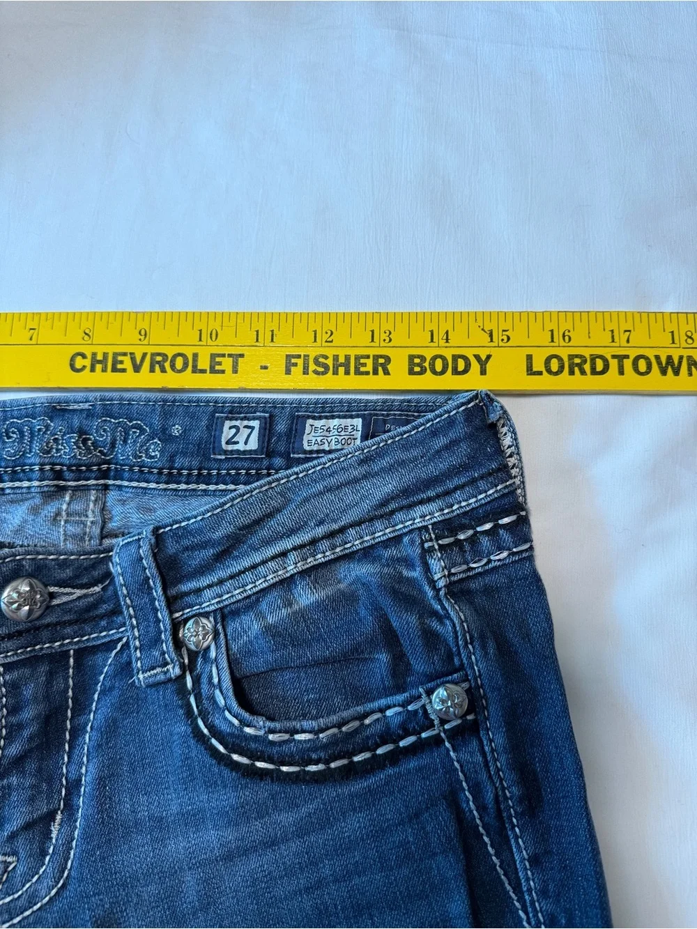 Miss Me Easy Boot Jeans 27 Low Rise Medium Wash Embellished Flap Pockets
